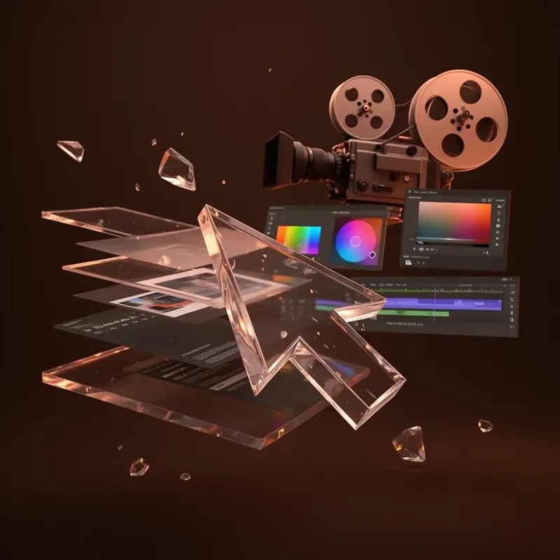 Composição 3D representando design gráfico e edição de vídeo